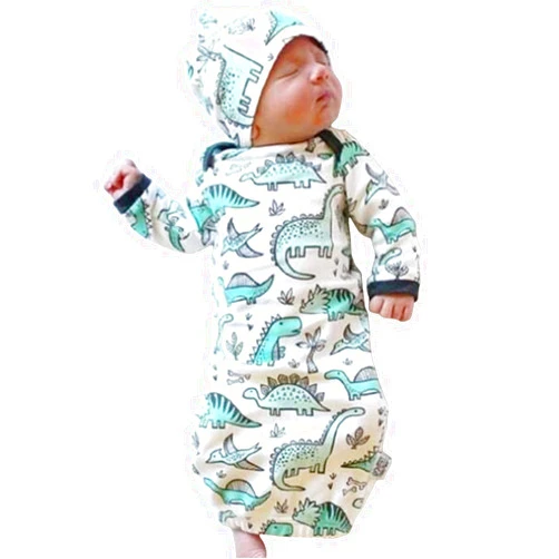 COLOOM Infant Baby Cartoon Dinosaur Pajamas Newborn Sleeper Gown Swaddle Hats 2Pcs Outfits, Green, one size (0-3M)