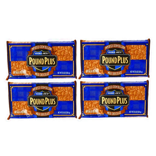 FCV Trader Joe's Pound Plus GIANT Belgian Milk Chocolate with Almonds Bar - 4 Pack (17.6 oz)