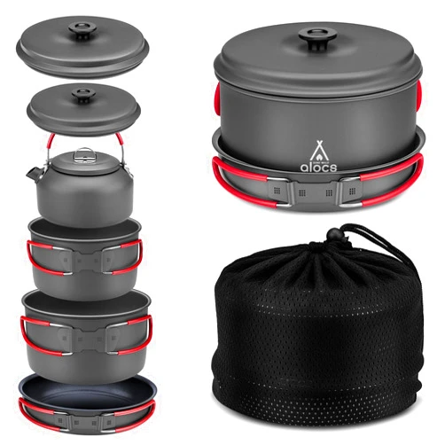 Alocs Camping Cookware Set Camping Gear, Compact Camping Pots and Pans Set, Durable Hard Alumina Camping Cooking Set for Outdoor Backpacking Camping Hiking Picnic, Included Mesh Carry Bag.