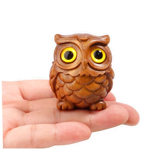 Yaofuren Owl Wooden Figurine,Handmade Art Carved Miniature Animal Garden Statue Collectible,Gift Holiday Home Decor,for Office, Desktop, Bedroom, Living Room, Bookshelf Decoration