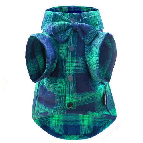MAMORE Soft Casual Dog Plaid Shirt,Gentle Dog Western Shirt Pet Clothes, Dog Cotton Shirt with Bow Tie for Wedding,Christmas Costumes (Medium, Green&Blue)