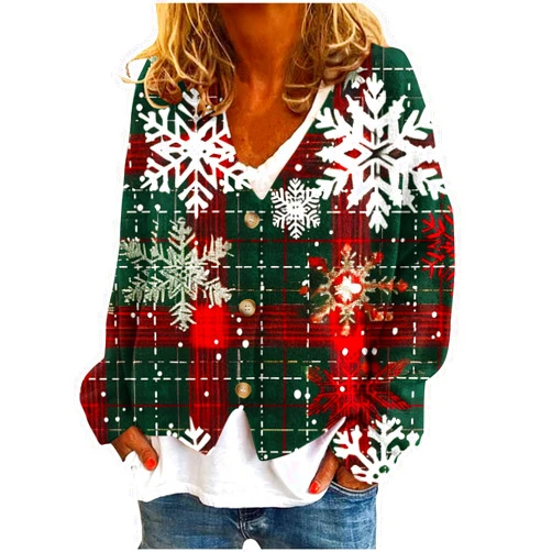 ABOUTYES Women Christmas Cardigan Hodiday Knitting Long Sleeve Button Down Open Front Xmas Shirt Outwear Knitted Sweater Coat