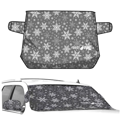 FrostGuard Plus Winter Windshield Cover with Built-in Security Panels and Wiper Blade Coverage + Mirror Covers - Weather Resistant; Protects from Snow, Ice and Frost (Snowflake, XL)