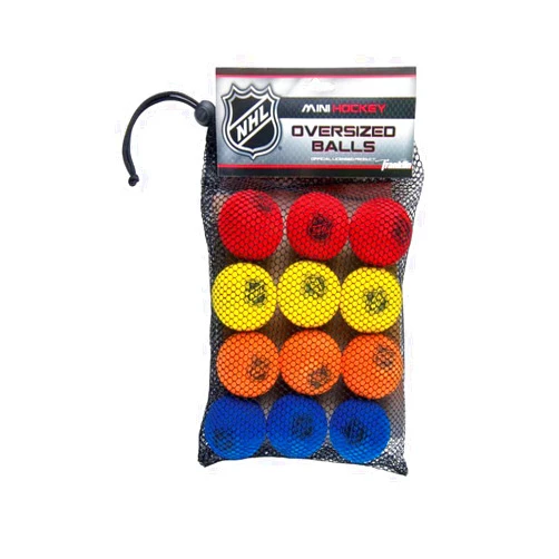 Franklin Sports Knee Hockey Balls - Indoor Mini Foam Hockey Balls for Kids - 12 Soft Foam Hockey Balls - Assorted Colors - Drawstring Bag