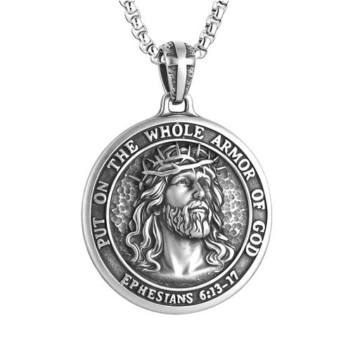 HZMAN Stainless Steel Jesus Pendant Necklace for Men, Armor of God Ephesians 6:13-17 Religious Christian Jewelry, Crown of Thorns Jesus Medal Necklace for Baptism Easter Gifts