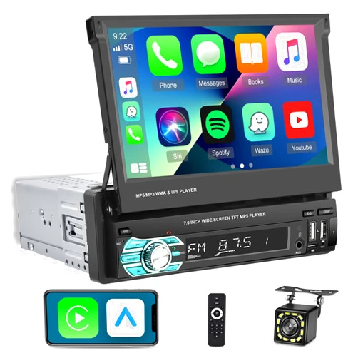 EKAT Single Din Flip Out Screen Car Stereo with Wireless Carplay and Android Auto, 7 inch 1 Din Touch Screen Radio Support Bluetooth/SWC/USB/FM + Backup Camera + Mic + Remote Control