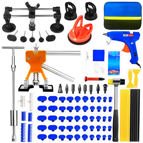 DOPKE 97pcs Dent Puller Kit, Dent Removal Kit for Dent Repair, Car Dent Puller with Slide Hammer T-Bar, Bridge Puller, Golden Lifter, Paintless Dent Repair Kit for Car Refrigerator Door Ding Repair