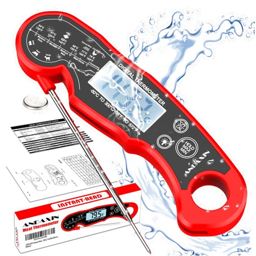 ANDAXIN Meat Thermometer Digital for Grilling and Cooking - ANDAXIN Waterproof Ultra-Fast Instant Read Food thermometers with Backlight & Calibration for Kitchen, Deep Fry, BBQ, Grill(Red/Black), LCD