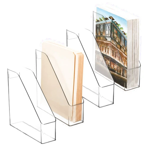 mDesign Plastic Slim Vertical File Folder Storage Organizer Bin with Handle, Hold Notebooks, Binders, Envelopes, Magazines for Home Office, Work Desktops, Ligne Collection, 4 Pack, Clear