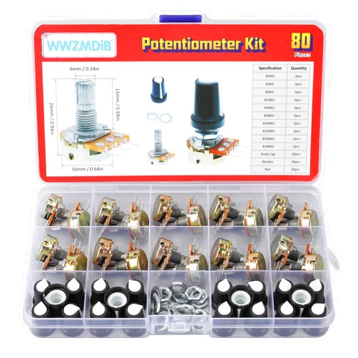 WWZMDiB 80 Pcs Potentiometer Kit with Knobs B1K 2K 5K 10K 20K 50K 100K 250K 500K 1M Ohm potentiometers Assortment Tapered Rotary Audio B-Type Potentiometer(Equipped with Nuts & washers）