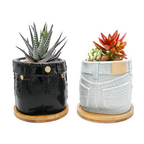 Kocris Casa Small Succulent Pots for Plants 4 Inch Cute Planter with Saucers Drainage Hole Cactus Flower Indoor Ceramic Small Pot Jeans Shaped - Set of 2 Pack (Gray Black)