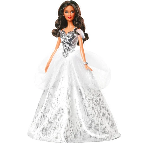 Barbie Signature 2021 Holiday Doll (12-inch, Brunette Hair) in Silver Gown, with Doll Stand and Certificate of Authenticity, Gift for 6 Year Olds and Up