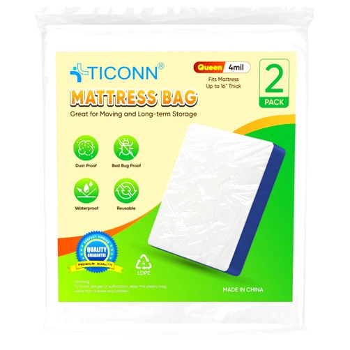 TICONN 2PK Plastic Mattress Bag for Moving Storage, Waterproof Mattress Protector Cover, Heavy-Duty Mattress Moving Supplies (4 mil, Queen)