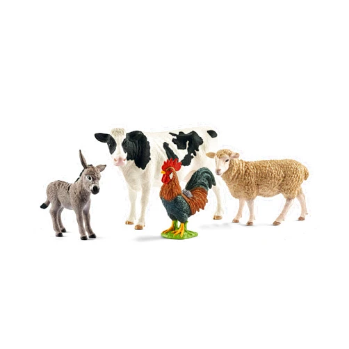 Schleich Farm World - Starter Set, Includes 4 x Collectible Toy Farm Animals, Cow, Sheep, Donkey Foal and Rooster Farm Animal Toys for Kids Ages 3+