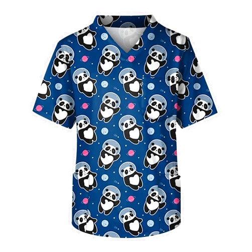 HTHLVMD Men's Panda Printed Scrub Tops Plus Size V-Neck Short Sleeve Funny Medical Workwear Stretchy Nurse Uniform with 3 Pockets