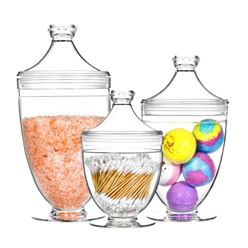 Wongblee Acrylic Apothecary Jars with Lids, 3-Piece Vanity Organizer Canisters, Storage Container Jars for Bathroom, Laundry Room, Kitchen, Candy Buffet