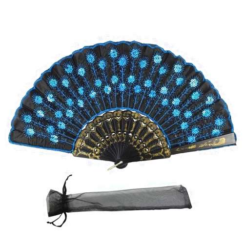 Newstarfactory Peacock Pattern Sequins Design Black Plastic Folding Hand Fan