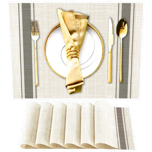 DACHUI Placemats Set of 6, Soft & Elegant Woven Vinyl Place Mats, Water Resistant, Heat Resistant, Washable, Durable Table Mats (Grey Stripes)