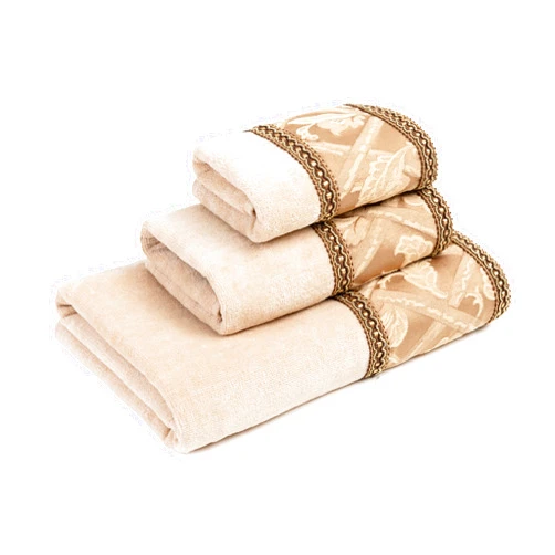 Sherry Kline Savannah 3-Piece Decorative Towel Set, Light Gold Jacquard Fabric Band with Double Row Gimp Braid, Pure Cotton Bath, Hand & Tip Towel, Extra Absorbent, Super Soft Bath Towels (Taupe)