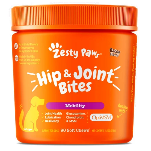 Zesty Paws Hip and Joint Supplement for Dogs - Glucosamine for Dog Joint Supplement - with Chondroitin, MSM, Vitamins C and E for Dog Joint Relief - Mobility Bites Bacon – 90 Count