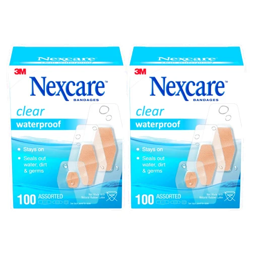 Nexcare Waterproof Adhesive Bandages, Clear, Assorted Sizes, 100 Count (Pack of 2) – Stays On in Shower or Pool with 360 Degree Seal That Blocks Water, Dirt & Germs