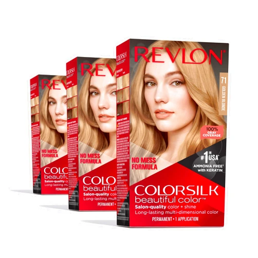 REVLON Permanent Hair Color by Revlon, Permanent Blonde Hair Dye, Colorsilk with 100% Gray Coverage, Ammonia-Free, Keratin and Amino Acids, Blonde Shades, 71 Golden Blonde (Pack of 3)