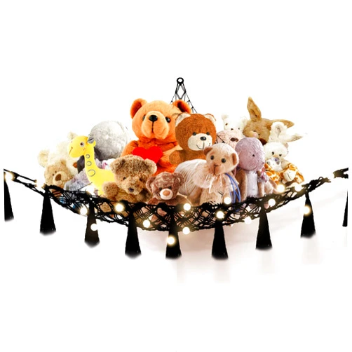 VISATOR Stuffed Animal Hammock Macrame Boho Plush Toy Net Hammock for Stuffed Animals with Light Pet Net for Stuffed Animals Corner Hanging Stuffed Animal Storage Holder Teddy Bear Net for Kids Room
