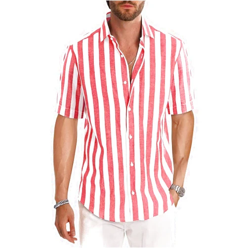 JMIERR Men's Casual Stylish Short Sleeve Button-Up Striped Dress Shirts Cotton Beach Shirt