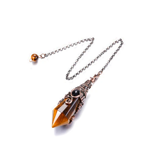 PESOENTH Crystal Pendulum Dowsing Divination Scrying Pendulum with Bronze Wrap Tiger Eye Healing Stone Gemstone Quartz Point Pendant Spiritual Gifts for Women Men