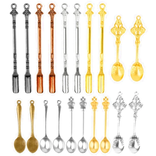 DAJISI 20 Pieces Mini Shovel Medicine Spoon, 4 Style Mini Snuff Spoon Small Powder Spoons Pendant Metal Spoon Power Scoop Tableware Charm Pendants Necklace Mini Shovel