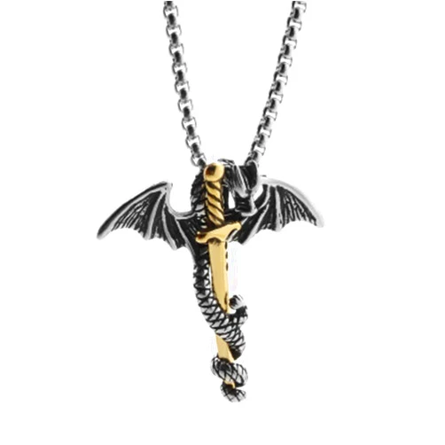 AIKESIWAI Titanium Steel Men's Pendant, Titanium Steel Dragon Sword Necklace, Men's Necklace, Dragon Necklace, Retro Necklace, Hip hop Punk Style Necklace