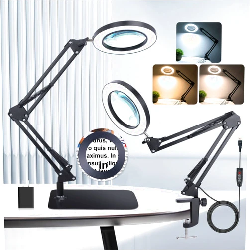 NZQXJXZ 10X 15X Magnifying Glass with Light and Stand and Clamp, 2-in-1 Desk Magnifier for Reading 3 Color Modes Lighted Magnifying Glass with Stand, Adjustable Height Magnifying Light for Crafts Hands Free