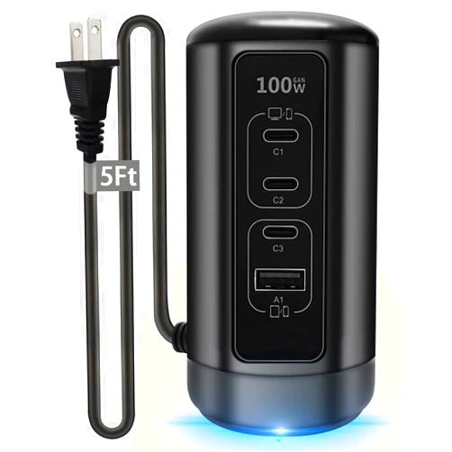EGK 100W USB C Tower Charger 4-Port GaN - Compact, Space-Saving Design with USB-C & USB-A Ports for MacBook Pro/Air, USB-C Laptop, iPhone 14/13/12, Galaxy, Fold, Pixel Multiple Devices
