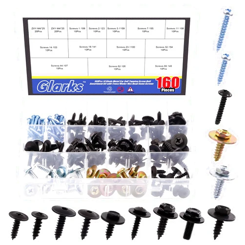 Glarks 160Pcs 12 Sizes Screw Bolt Retainer Car Engine Under Cover Splash Shield Guard Body Bolts Bumper Fender Liner Push Retainer Fastener Rivet Clips with Round Head Self Tapping Screws Assortment