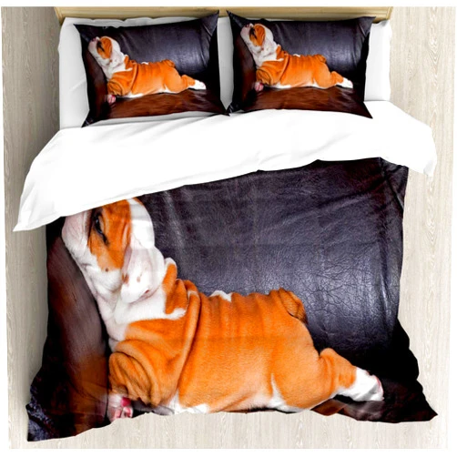 Ambesonne English Bulldog Duvet Cover Set, Puppy Resting on a Sofa Funny Animal Photography Canine, Decorative 3 Piece Bedding Set with 2 Pillow Shams, California King, Seal Brown White Brown