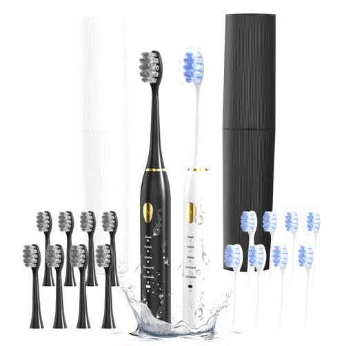 MOROLURU Electric Toothbrush Dual Handle 5 Modes with Smart Timer and 16 Brush Heads & 2 Travel Cases Including IPX7 Waterproof ，Black&White