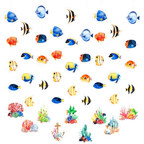 Hotop 45 Pcs Tropical Fish Decorations Under The Sea Party Banners Ocean Themed Party Supplies Fish Ceiling Hanging Swirl Hawaiian Luau Decor Tropical Fish Paper Cutouts for Birthday Party Favor