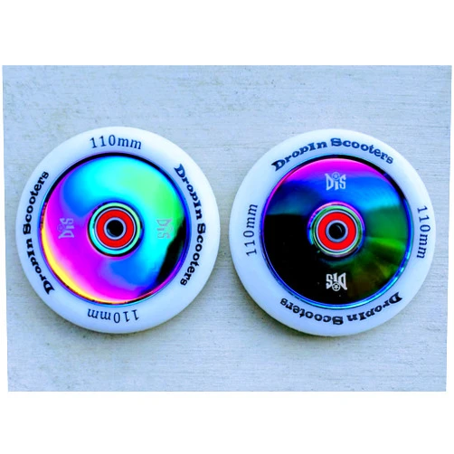 DropIn Scooters DIS 110mm Hollow Slicks Metal Core Scooter Wheels - 2 Neochrome Wheels with ABEC-11 Bearings and spacers installed