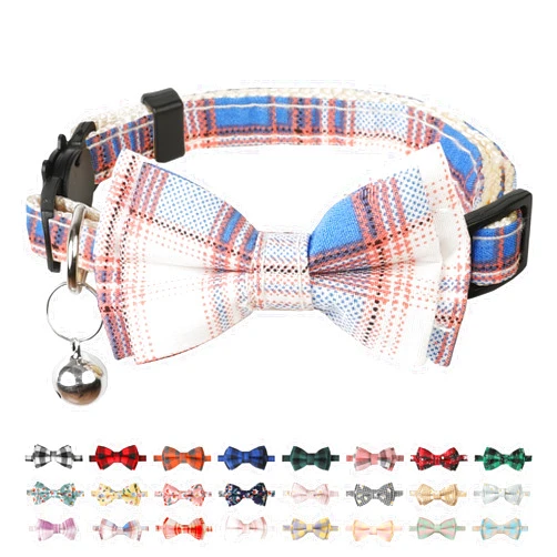 BANMODER Cat Collar Breakaway with Bells,Cute Cat Bow Tie,1 Pack safety Kitten Plaid & Flower Collar for Girl Boy Male Cats (Blue/Red Plaid)