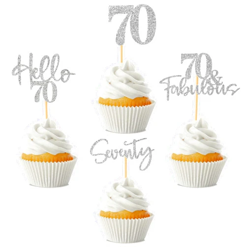 Hengmerry 48Pcs 70th Birthday Cupcake Toppers Glitter Hello 70 Cupcake Topper 70 Fabulous Seventy Cupcake Picks for Happy 70th Birthday Wedding Anniversary Party Cake Decorations Supplies, Silver