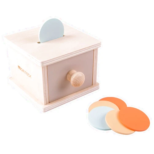 MORITECK Montessori Coin Box and Object Permanence, Wood Drawer with 3 Colors Coin Toy for 8-12 Months and up Baby, Infant Developmental Coin Drop Toy for Girls and Boys