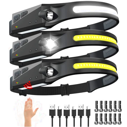 WopkDupk Rechargeable Headlamp 3PCS, 230° Wide Beam Head Lamp, Motion Sensor LED Headlamp Rechargeable, 5Mode Headlamps for Adults, Bright Head Lights for Forehead, Hard Hat Headlight, Camping Essentials Gear