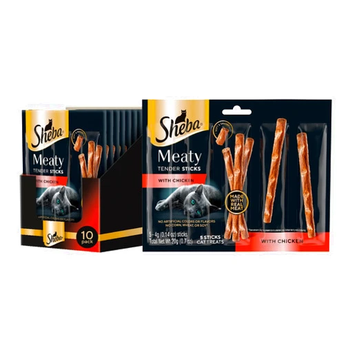 Sheba Meaty Tender Sticks Chicken Cat Treats, Chicken Flavor, Cat Snacks, 0.14 oz., 5 Count, Pack of 10 (50 Sticks Total)