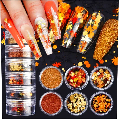 ZDIWOO 6 Boxes Maple Leaf Nail Art Glitter 3D Holographic Fall Nail Sequins Maple Leaf Confetti Nail Glitter Flakes Designs Thanksgiving Nail Art Stickers Thick Hexagon Nail Sequins for Women Acrylic Nail