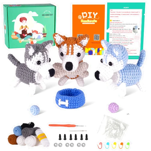 Finnacy 3 pcs Dogs Crochet Kit for Beginners Adults,Crochet Starter Kit with Step-by-Step Video, Yarns, Hook, Instruction and Crochet Accessories (Huskies)