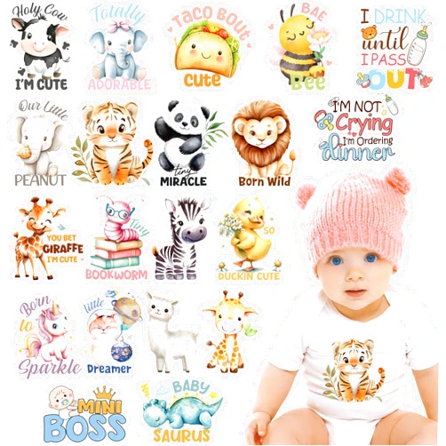 EoBeCy 20 Sheets Baby Iron on Transfers for Onesies, Cute Animal DTF Transfers Ready to Press Heat Transfers Vinyl, Iron on Patches Decals for Baby Shower Bodysuit Bibs T Shirts Clothing DIY Crafts