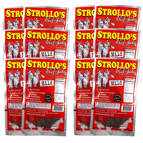 Strollo's Beef Jerky Snack Pack Original Mild 12 Pack- Keto, Paleo, 0g Carb, Low In Sodium, High Protein 0g Sugar - All Natural Beef, USDA Certified