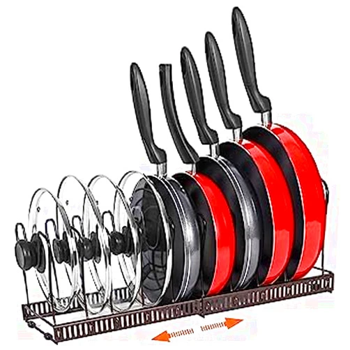 RAYOCON Pot and Pan organizer,Expandable Pan Rack for Cabinet,Pot Lid Holder with 10 Adjustable Compartment for Kitchen Cabinet Cookware Baking Frying Rack (Bronze)