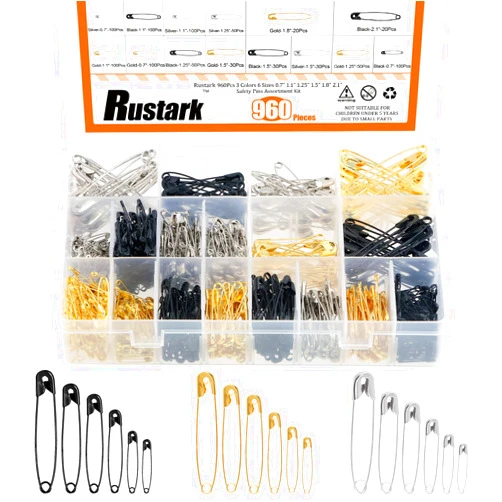 Rustark 960Pcs Safety Pins Assorted 6 Sizes Variety Pack Large and Small Metal Safety Pin Gold Silver Black for Clothing Art Crafts Sewing Quilting Jewelry Making