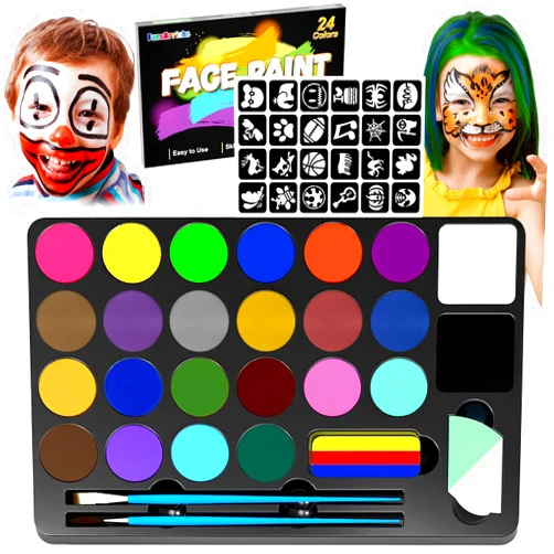 FansArriche Face Painting kit for kids, 24 Color Washable Face Painting kit with stencils, Professional Body Face Paint 24 Stencils, Sponge, for Party, Christmas, Body Paint, Makeup kit